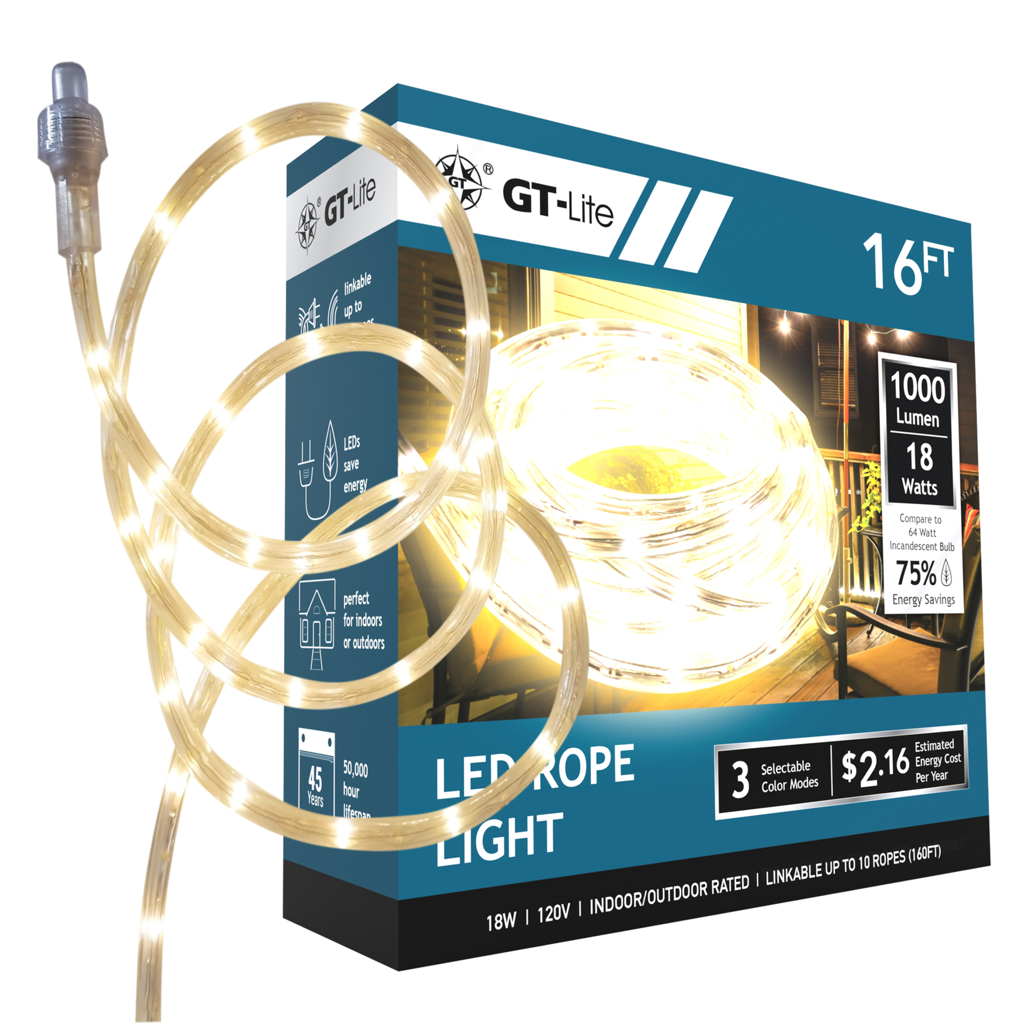 GT Lite LED Rope Light — 16ft., 3000K/5000K, 1000 Lumens, 18W, Wet Rated, Linkable Up to 160ft., Model# GT-RL-W3K5K